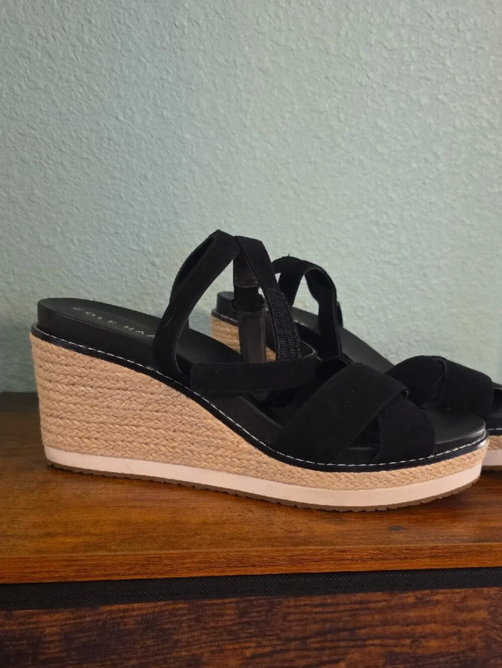 Cole Haan Black Suede Espadrille Wedge Sandals